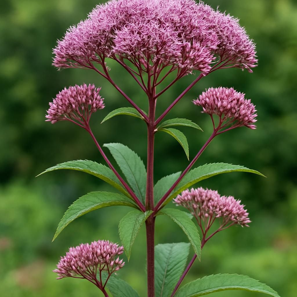 Close-up of Joe-Pye Weed tall stems and pink flower clusters in a native garden setting