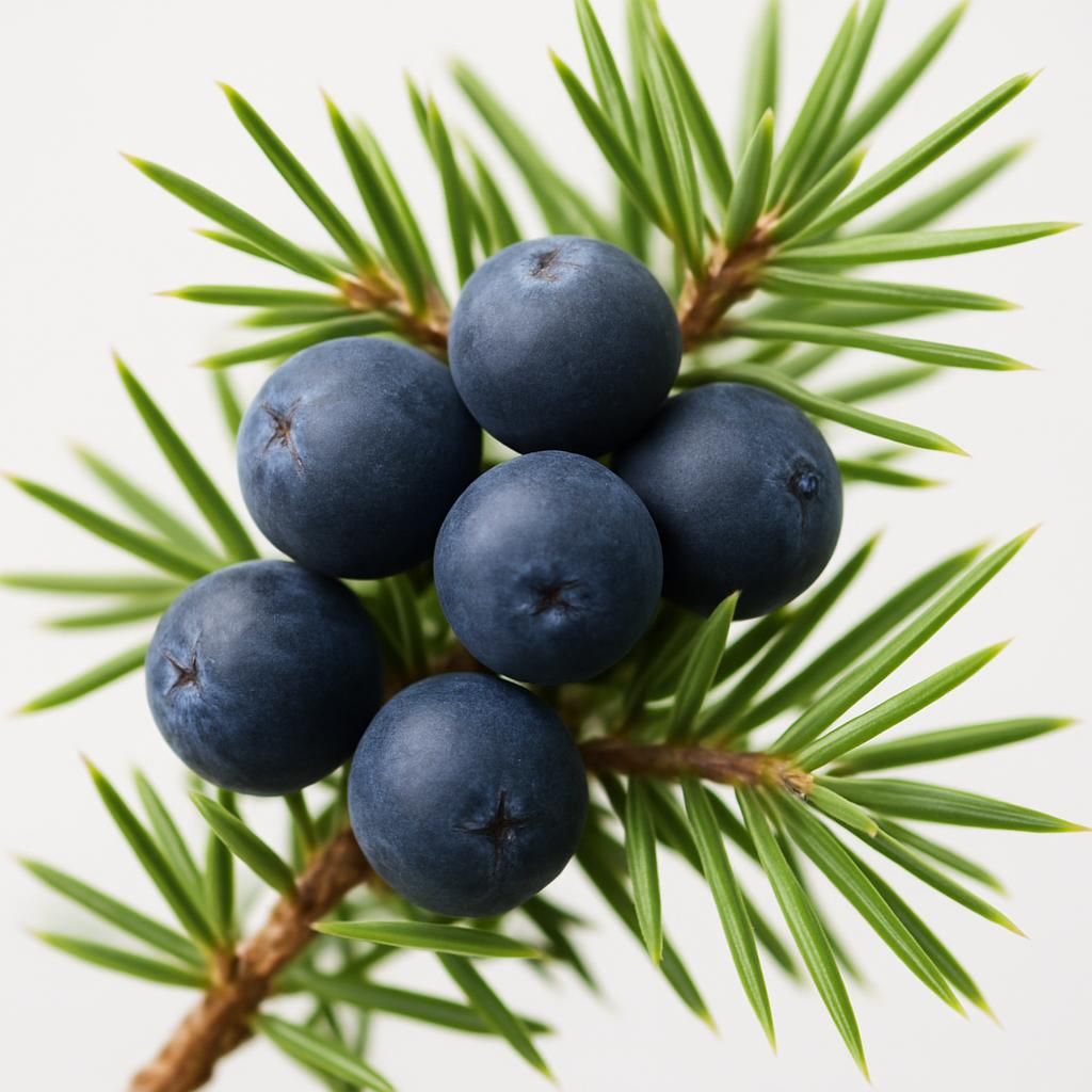 Ripe juniper berries on Juniperus communis branch showing blue-black cones and needle foliage for growing guide