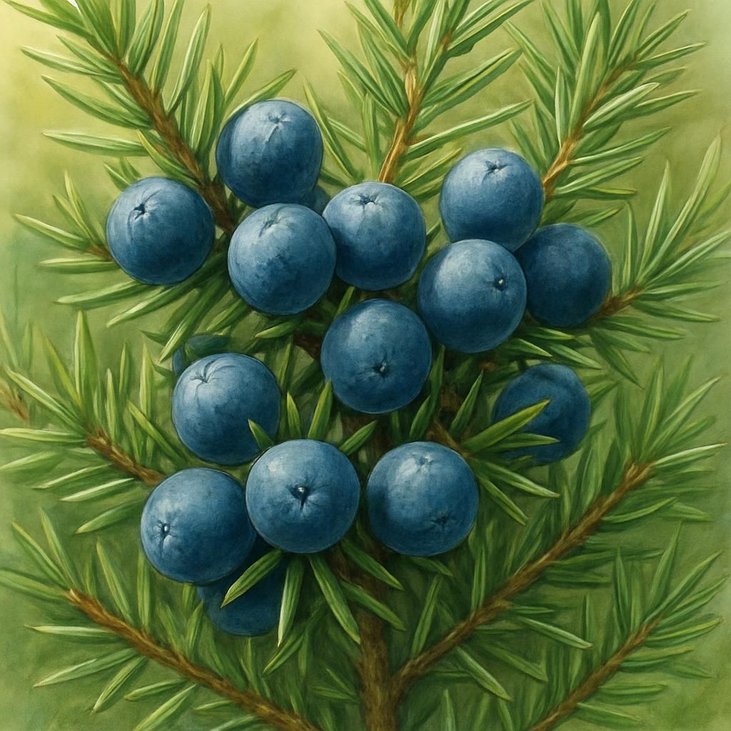 Ripe juniper berries on evergreen branches ready for harvest