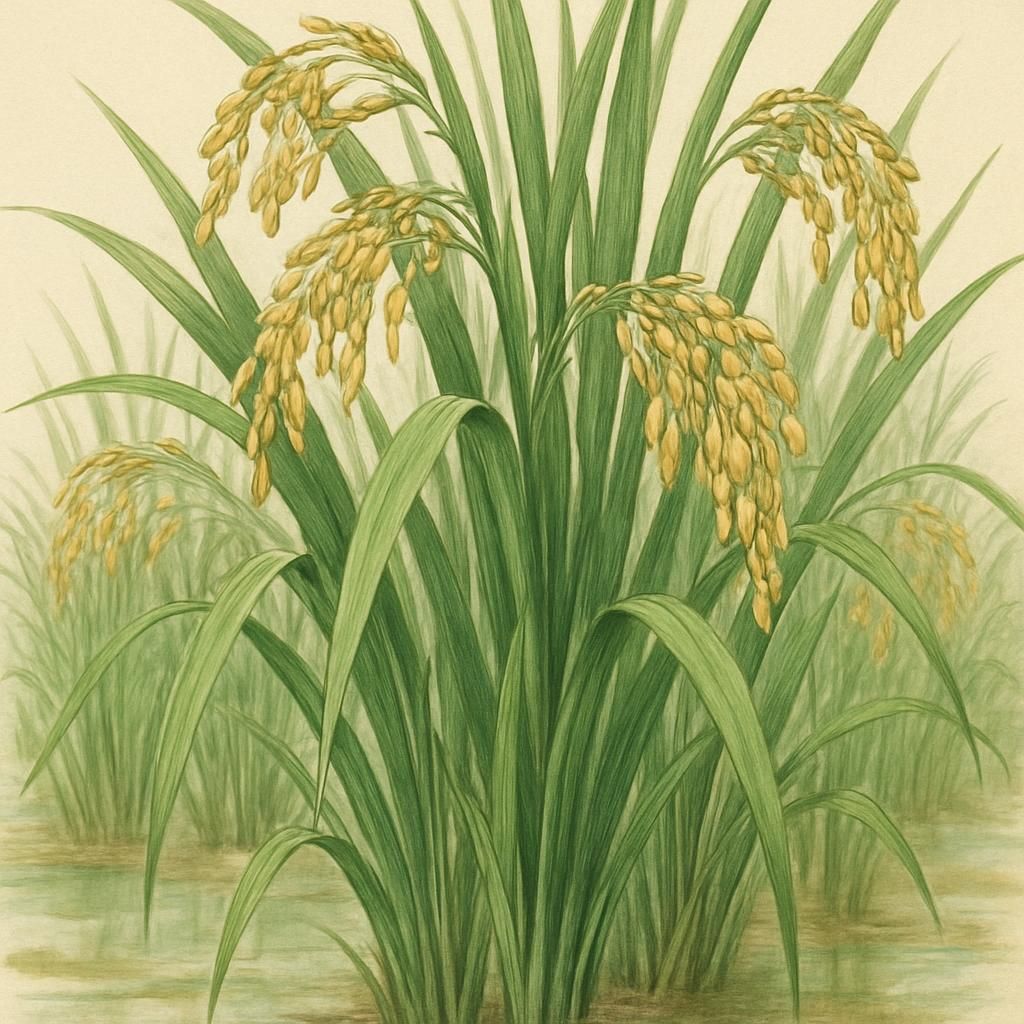 Close-up of lush Jupiter Rice plants in a flooded paddy field, showcasing grain clusters.