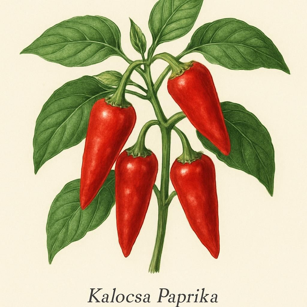 Close-up of a Kalocsa Paprika plant showing its vibrant red peppers and lush green leaves.
