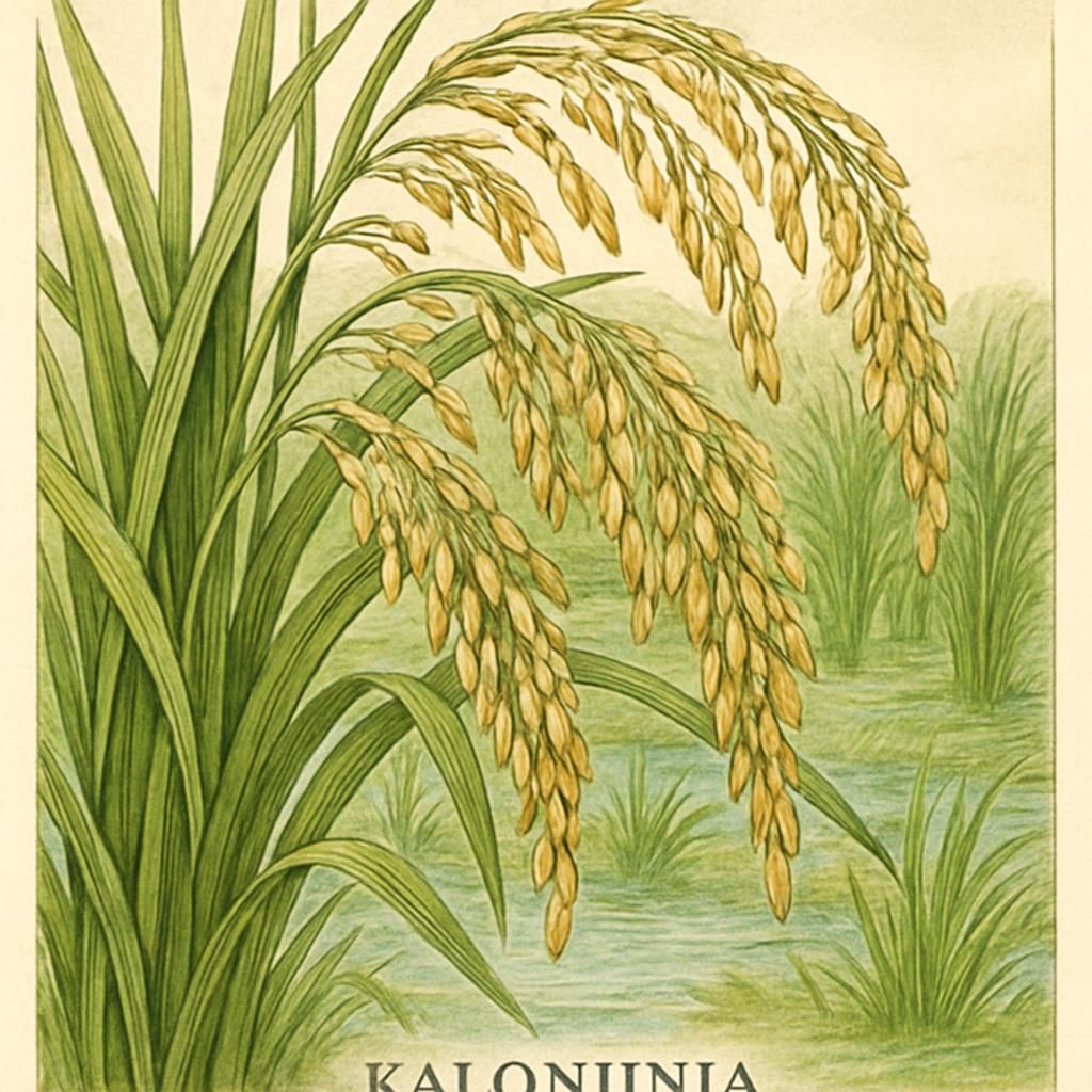Close-up of lush Kalonunia Rice plants with visible grains and irrigation.