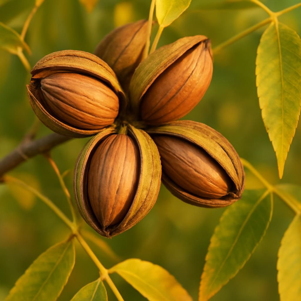 Close-up of Kanza pecan nuts in split shucks on tree ready for harvest