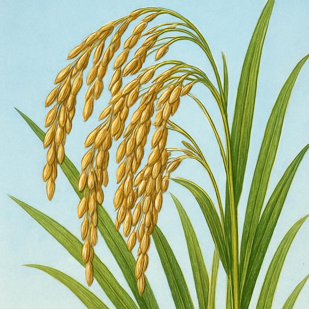 Close-up of mature Karacadag Rice with golden grains and clear blue sky, optimal for SEO.