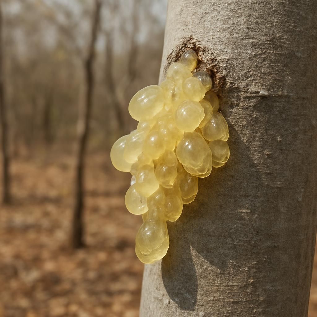 Close-up of pale Karaya gum exudate on Sterculia urens tree trunk for commercial gum production guide