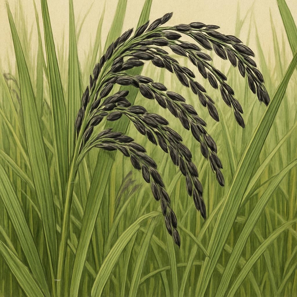 Close-up of Karuppu Kavuni Rice plants with jet black grains and lush green foliage in a field.