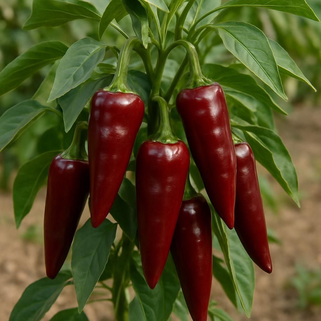 Close-up of vibrant red Kashmiri Mirch chilies on the plant ready for harvest