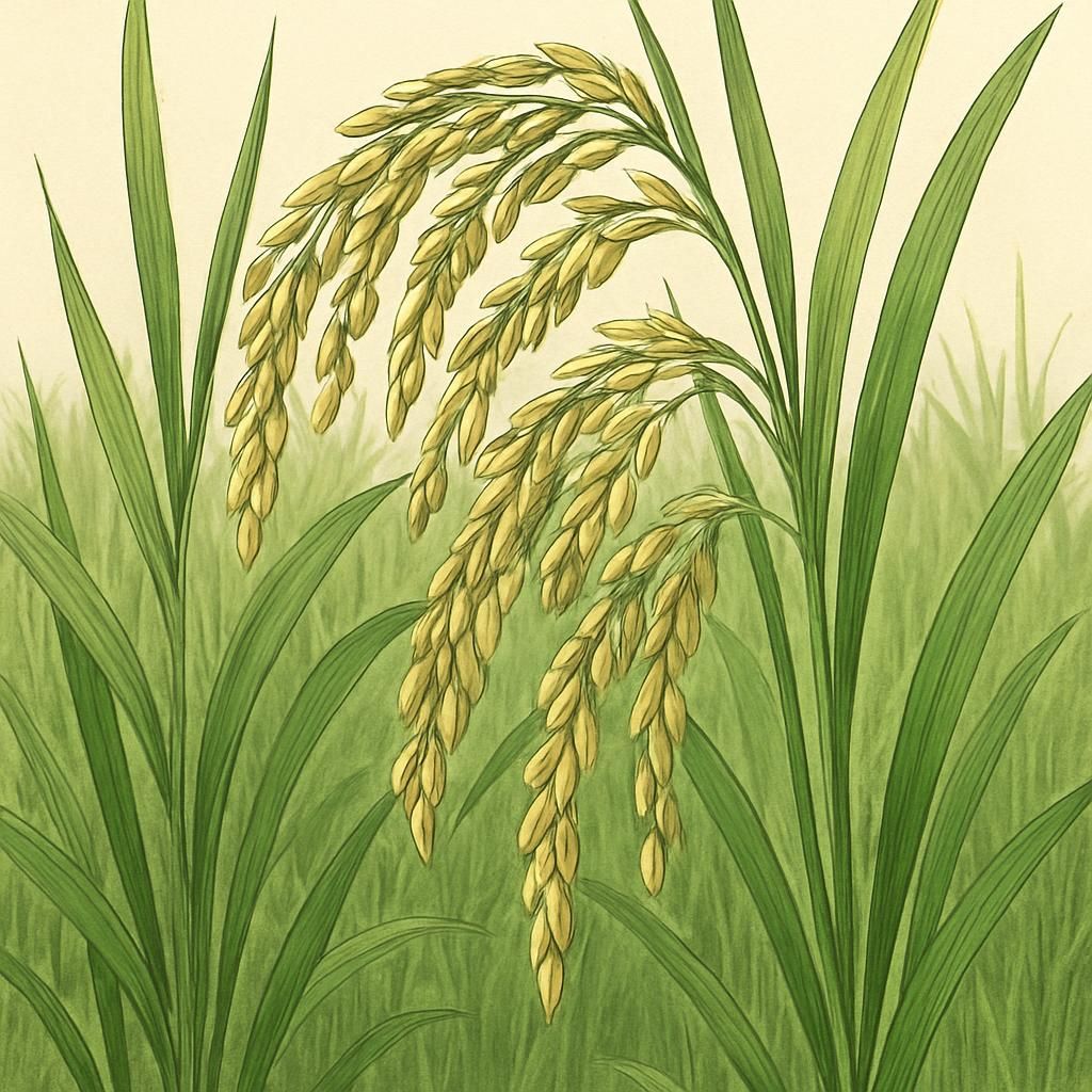 Close-up of ripe Kasmati Rice grains on lush green stalks in a paddy field.