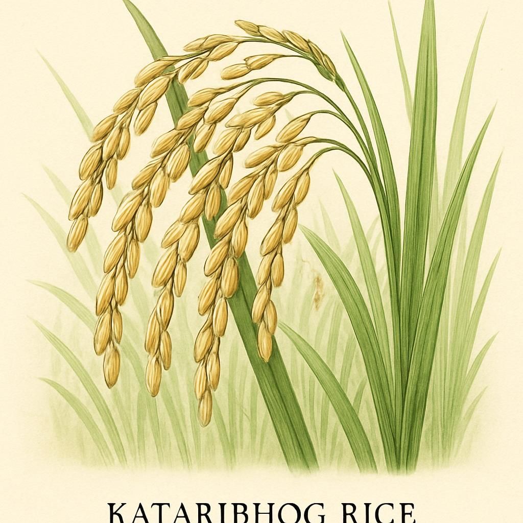 Close-up of Kataribhog Rice grains in a lush green paddy field, showcasing the slender grains.