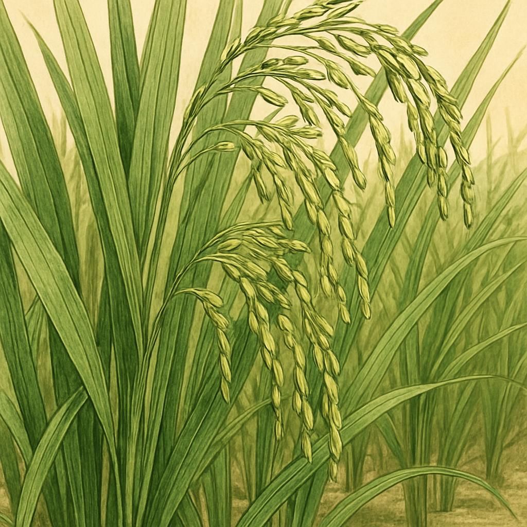 Close-up of Kattuyanam Rice plants showcasing the green leaves and grain heads growing in a traditional paddy.