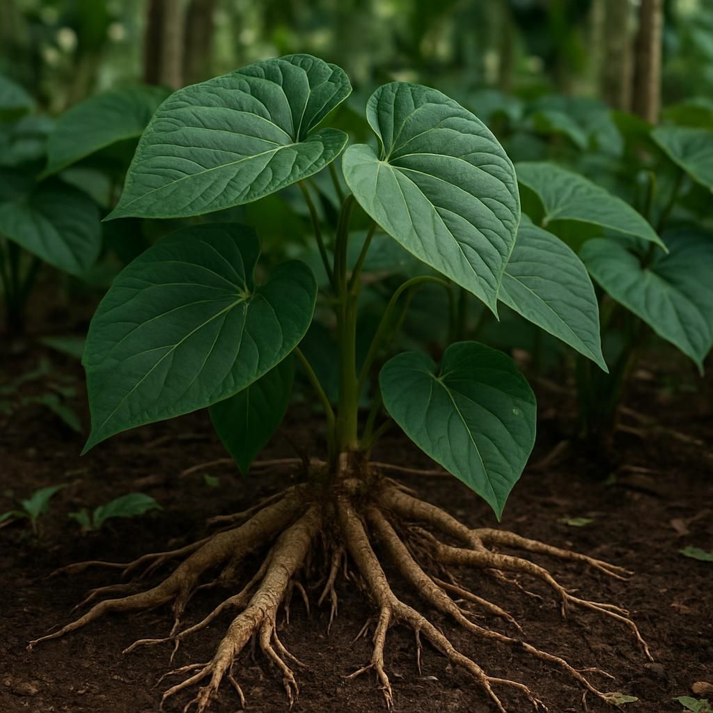 Close-up of Kava Kava (Tudei) plants with lush green leaves and exposed roots in a shaded tropical field