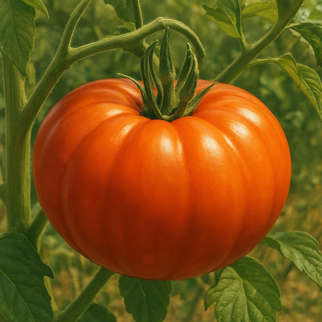 Close-up of ripe orange Kellogg's Breakfast Tomato fruit on vine with lush green leaves in garden