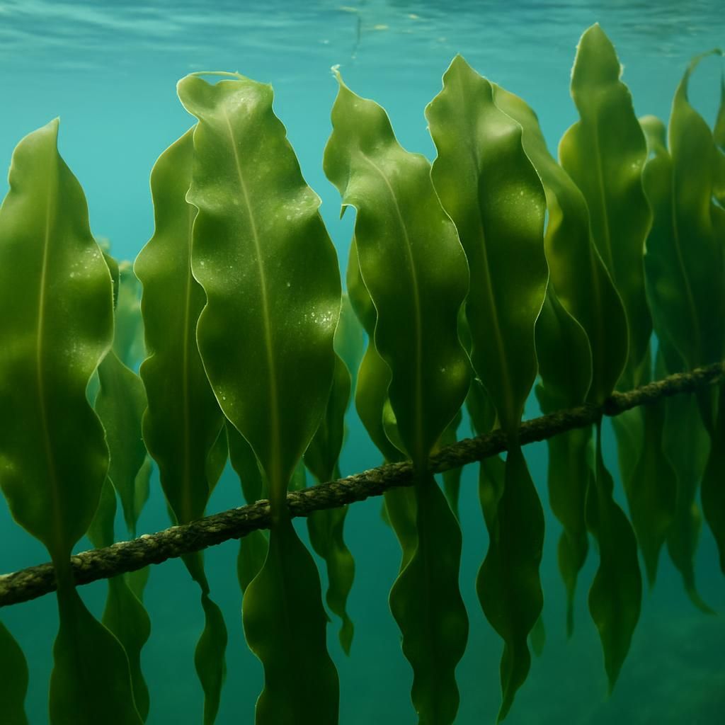 Fresh kelp blades on longlines in clear cold seawater under natural daylight