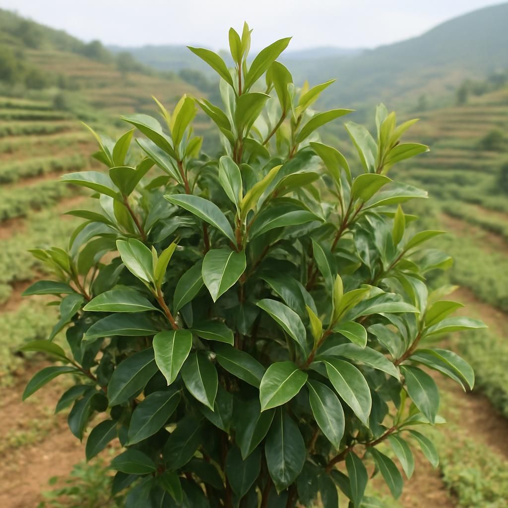 Close-up of vibrant green khat leaves on a Catha edulis shrub in a highland agricultural setting
