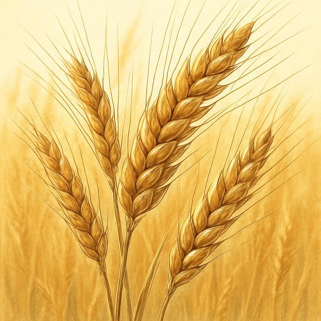 Close-up of Khorasan wheat (Kamut) heads with visible kernels in a sunlit field.
