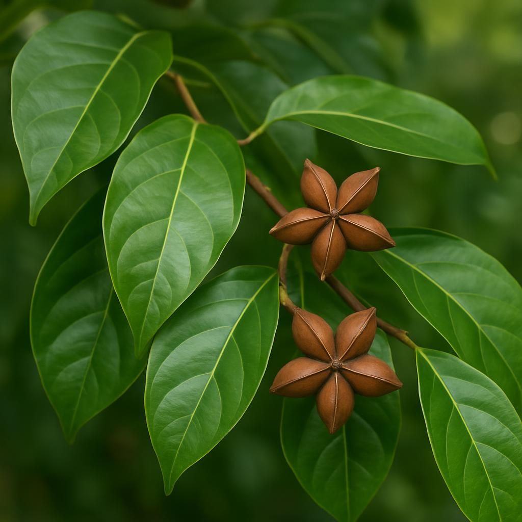 Close-up of Cola acuminata kola nut tree showing glossy leaves and star-shaped seed pods in natural light