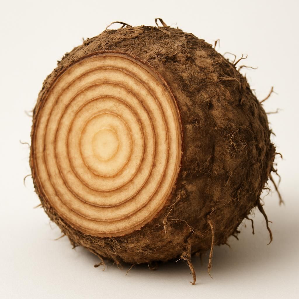 Freshly harvested konjac glucomannan corm showing internal structure for professional agricultural guide