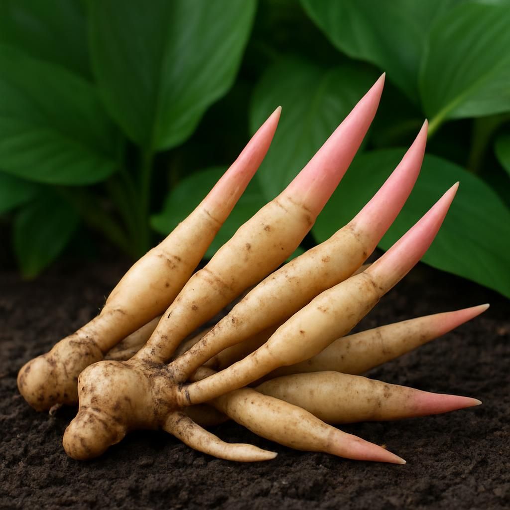Close-up of fresh krachai rhizomes showing finger-like shape and pink tips on soil with green foliage