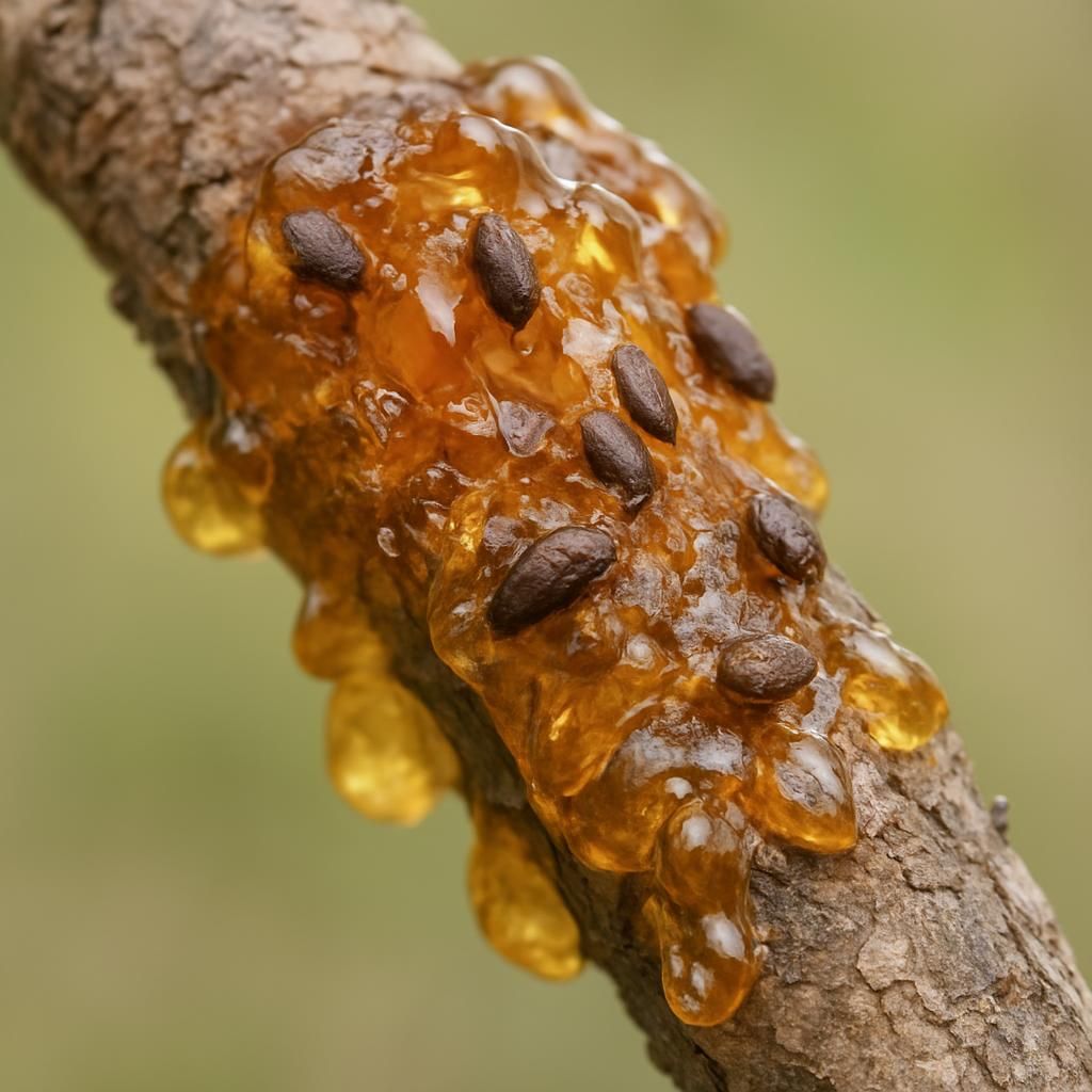 Close-up of natural lac resin on host tree branch showing scale insects and amber shellac coating