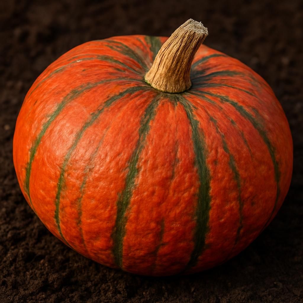 Ripe Lakota winter squash with red-orange skin and green stripes resting on garden soil