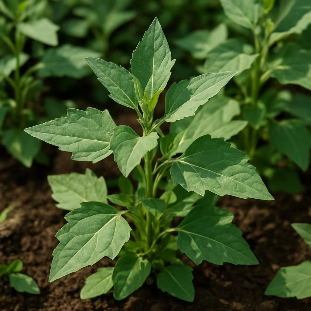 Close-up of healthy lambsquarters plants with distinctive diamond-shaped leaves growing in garden soil