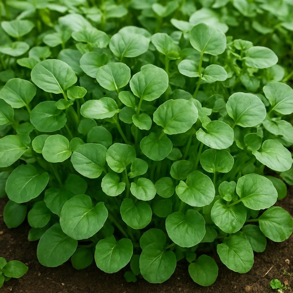 Close-up view of vibrant land cress leaves in a cultivated garden setting.