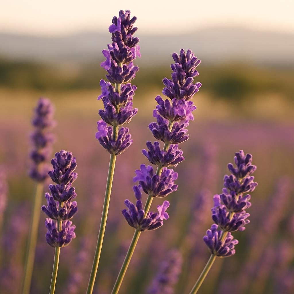 Close-up of blooming lavender flower spikes with purple blooms and silver foliage in golden hour light