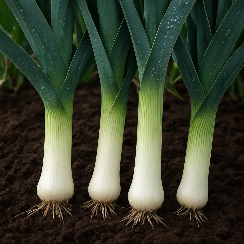 Close-up of Blue Solaise leeks with long white stems and blue-green leaves in garden soil