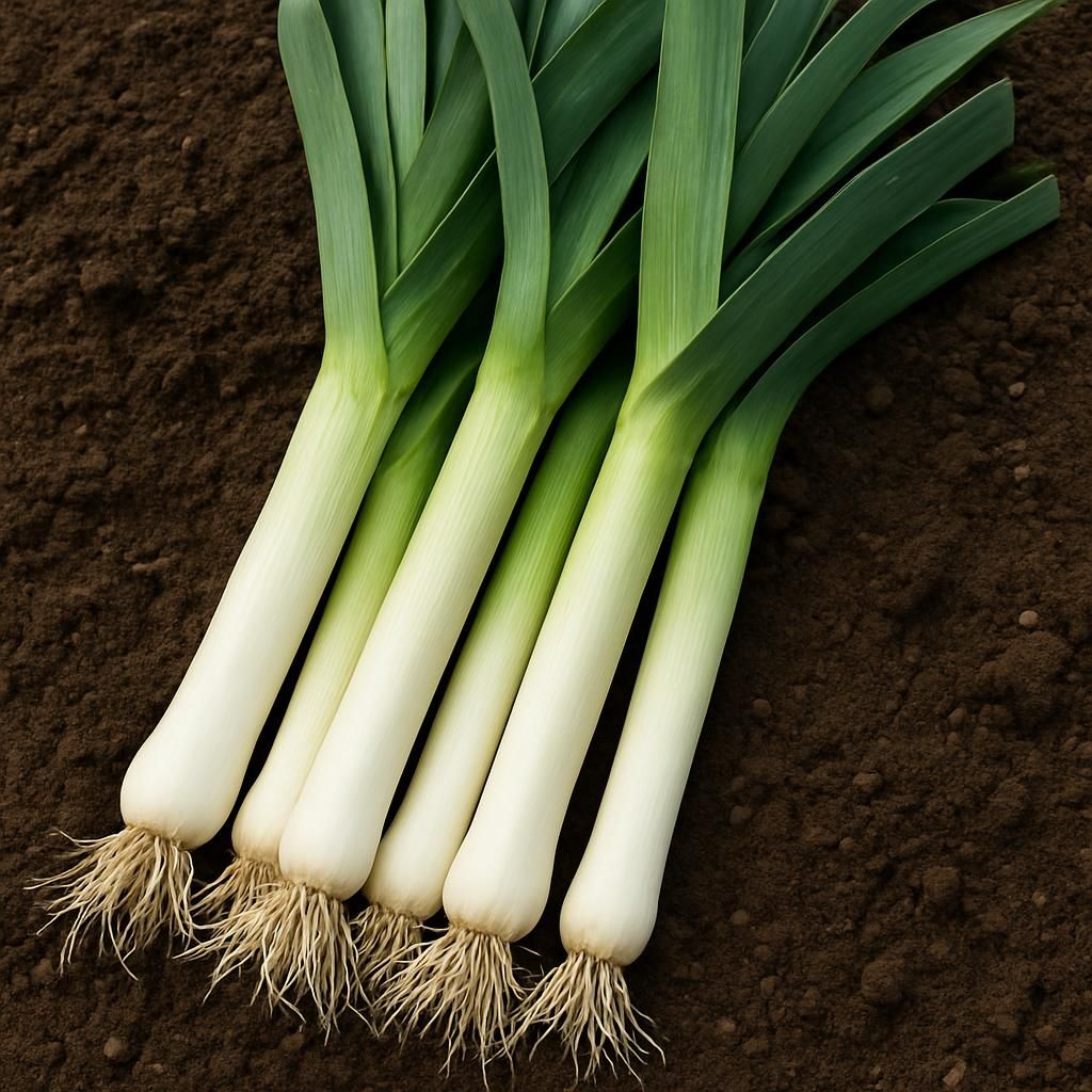 Freshly harvested King Richard leeks showing long white shanks and green tops on soil