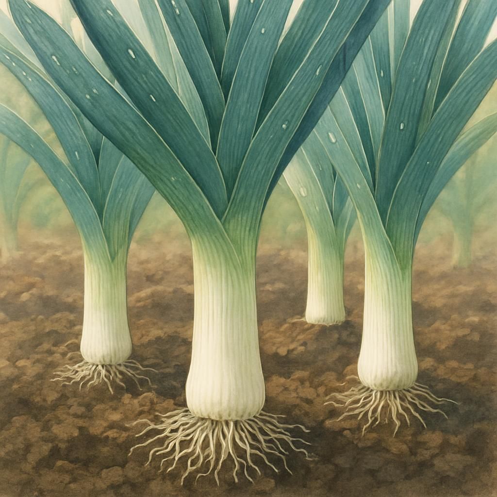 Close-up of mature Musselburgh leeks with long white shanks and blue-green foliage in garden soil