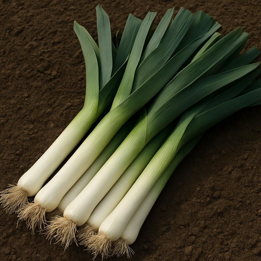 Freshly harvested leeks with long blanched stems ready for market or kitchen use