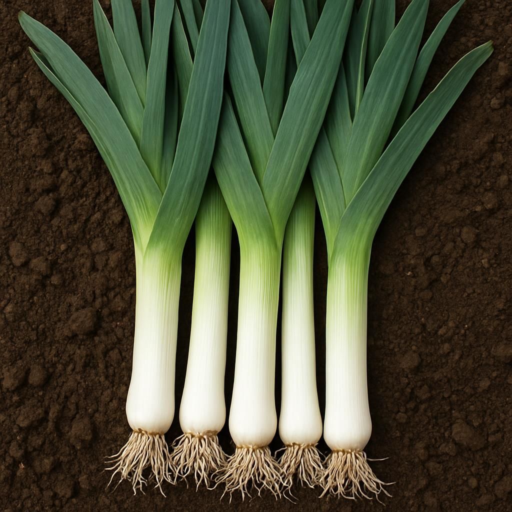 Freshly harvested leeks showing long white blanched shanks and vibrant green tops on garden soil