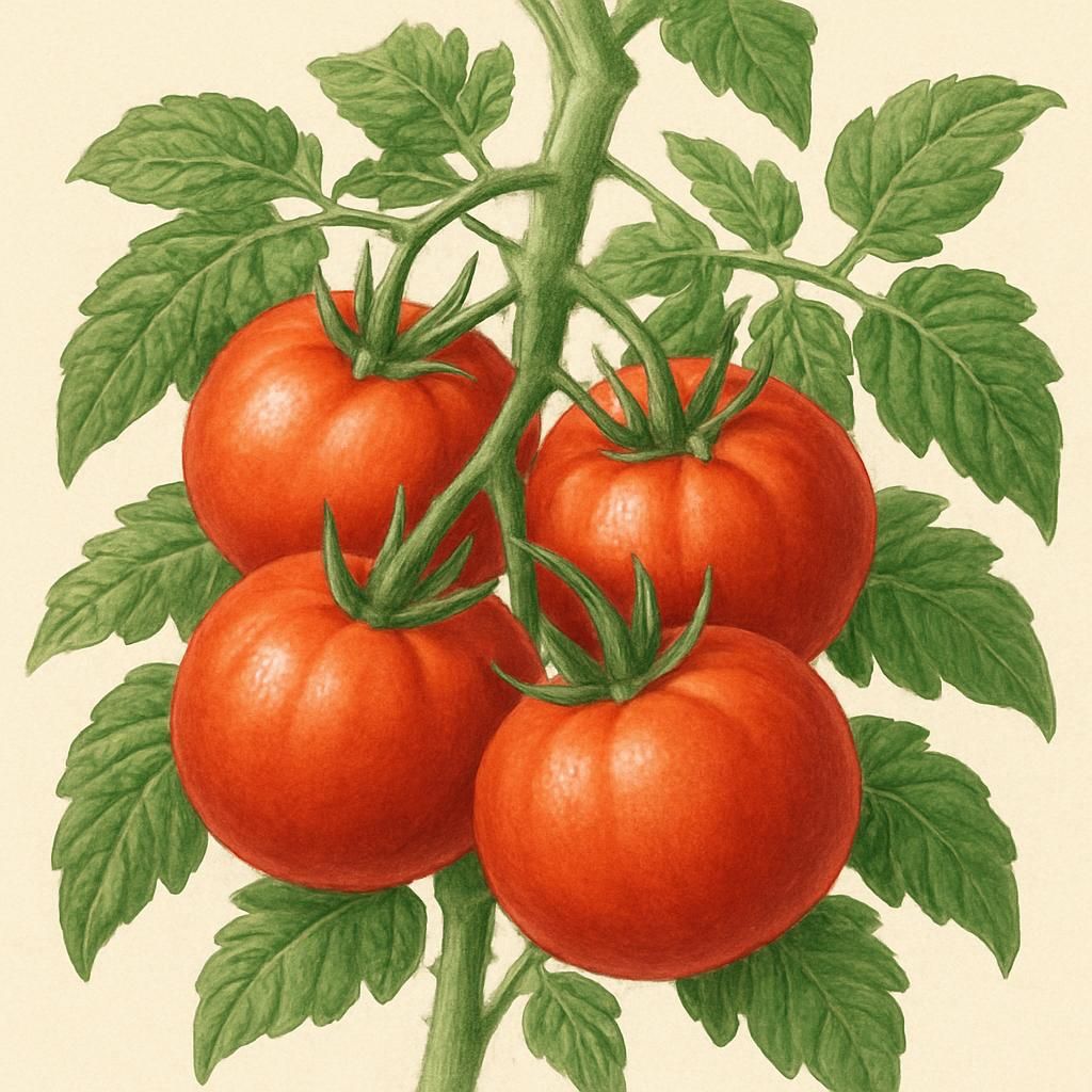 Close-up of ripe Legend Tomato fruits showing uniform red color and healthy vine growth