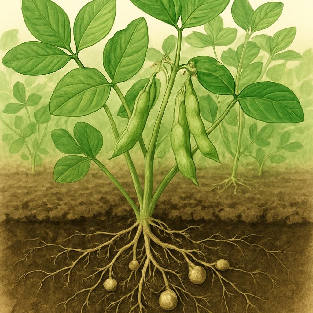 Close-up of thriving legume crop with green leaves and pods demonstrating nitrogen-fixing root nodules in fertile soil
