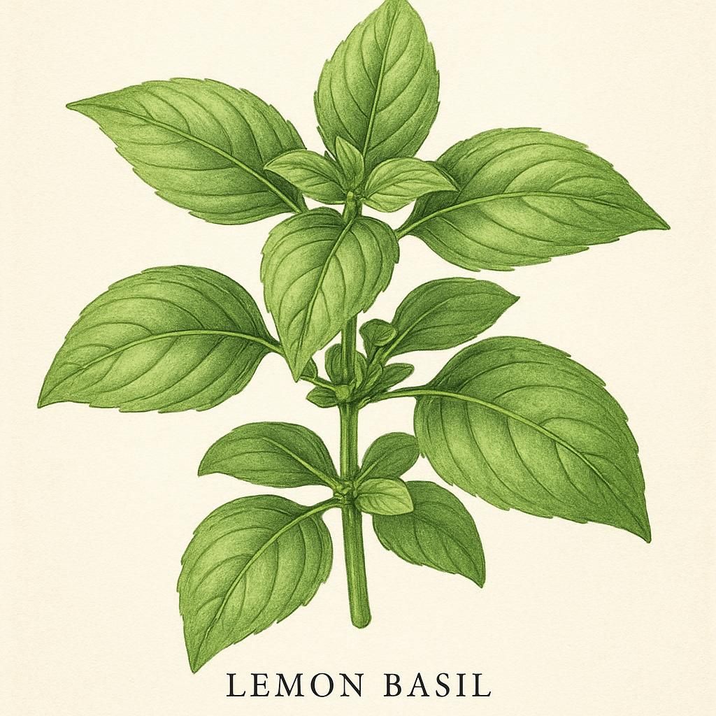 Close-up of Lemon Basil (Mrs. Burns) leaves showing its vibrant green color and lemony characteristics.