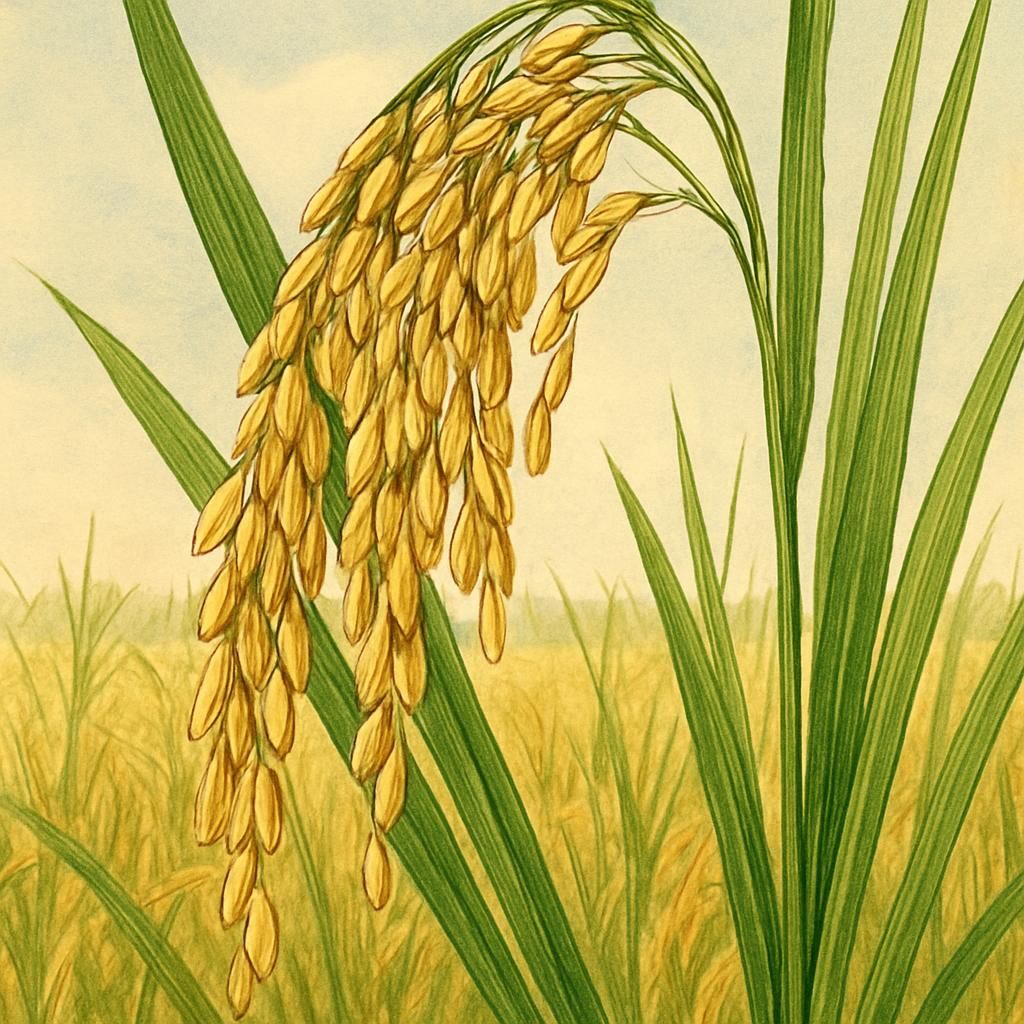 Close-up of Lemont Rice grains and stalks, emphasizing their texture and green color.