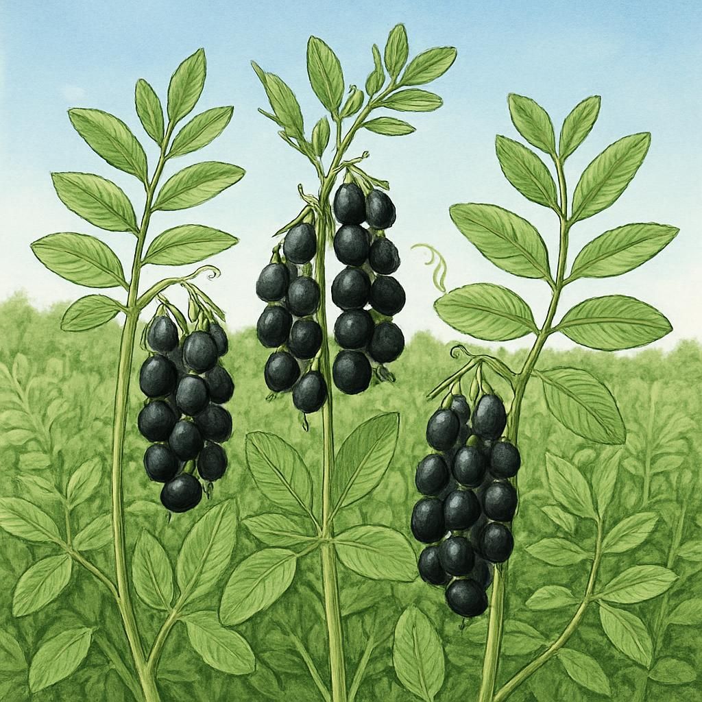Close-up of Beluga Black Lentils growing in a field with green foliage.