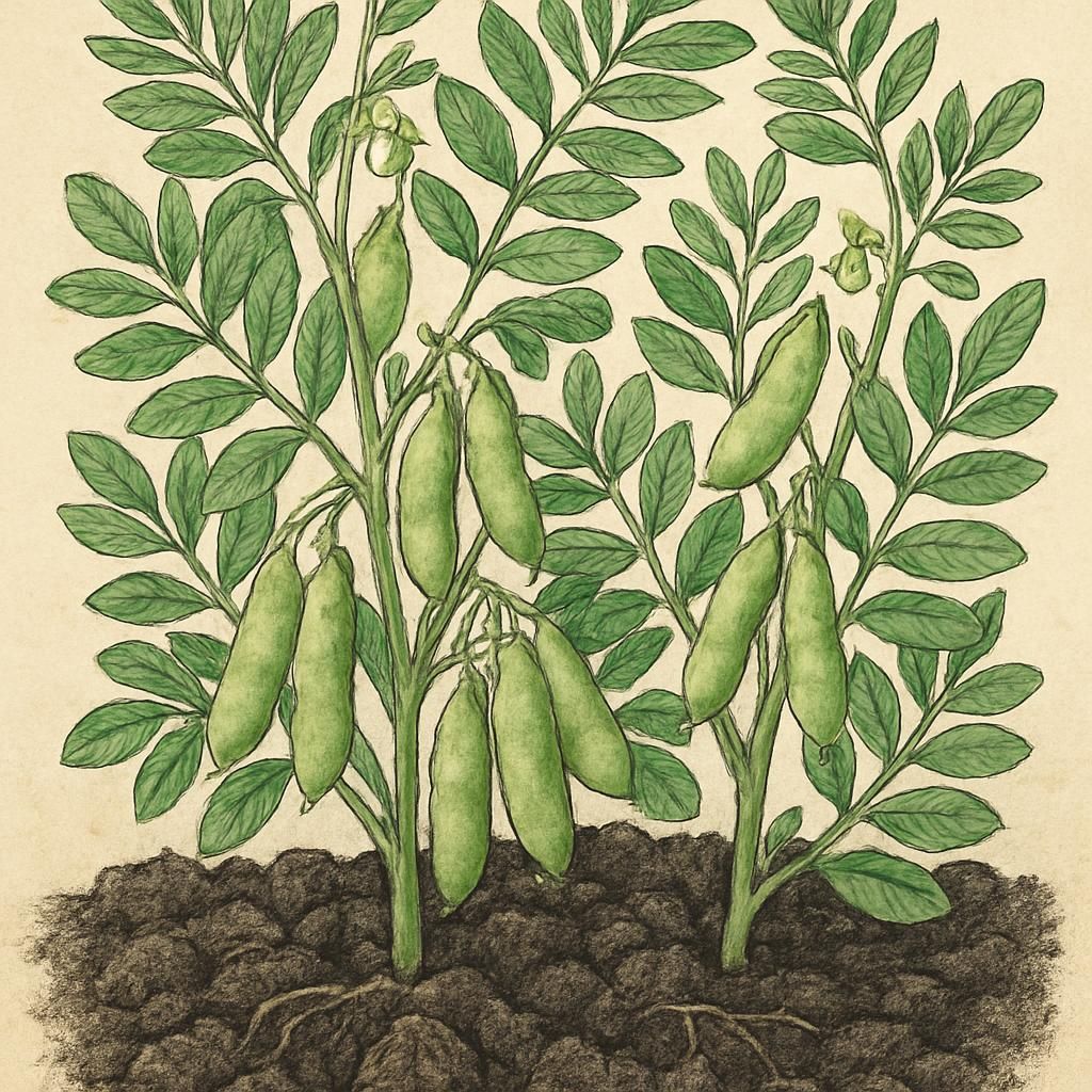 Vibrant French Green Lentil plants in rich soil, showcasing small green pods.