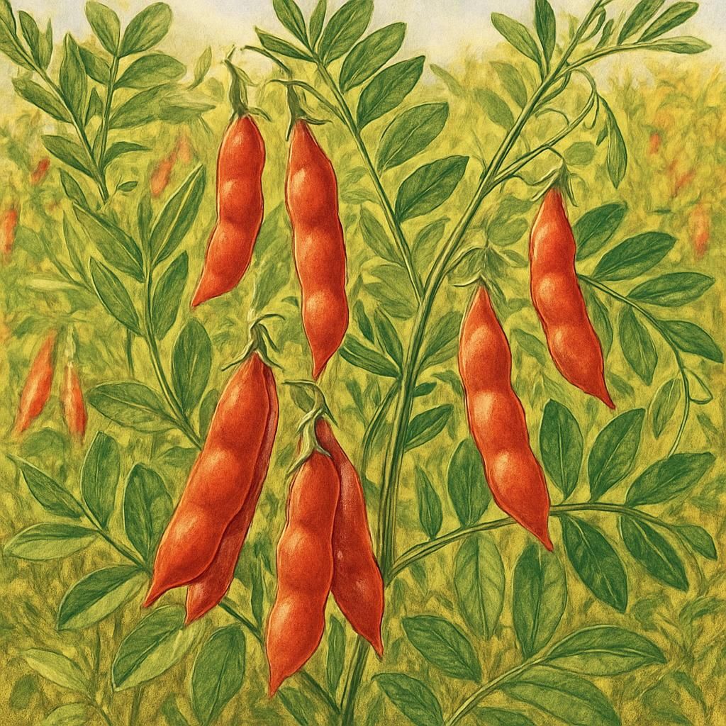 A close-up of Red Chief lentil plants showcasing vibrant red pods amidst lush green foliage.