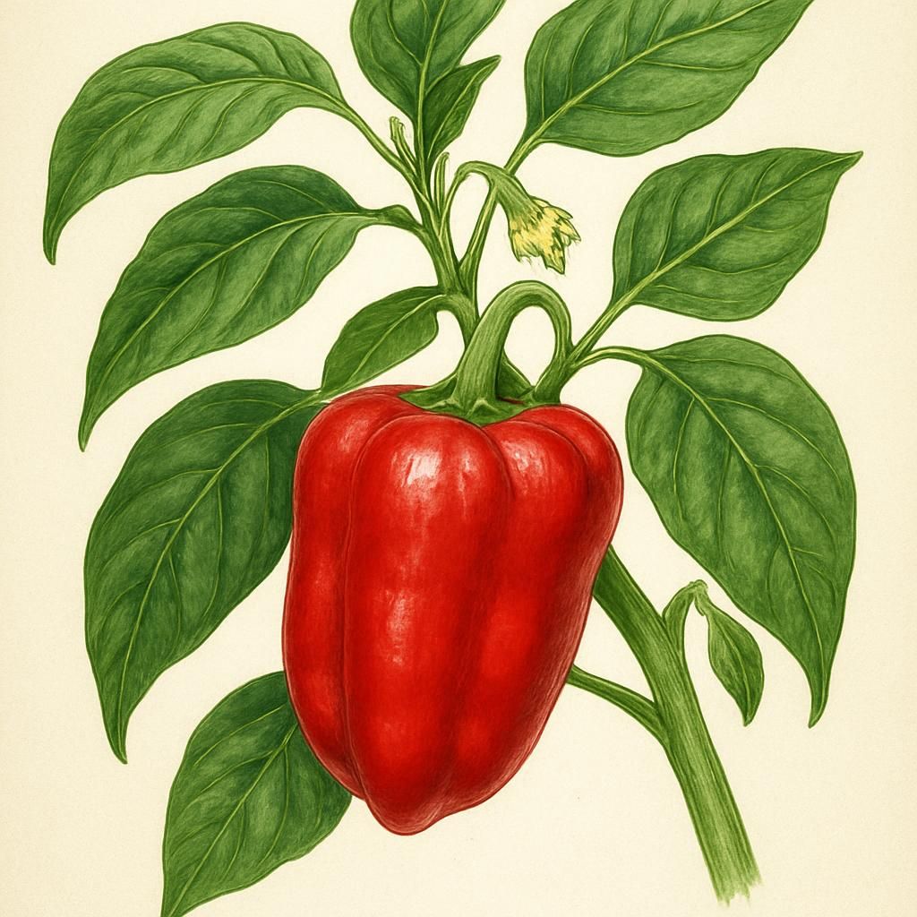 Close-up of Leutschauer Paprika, vibrant red pods on a lush green plant.