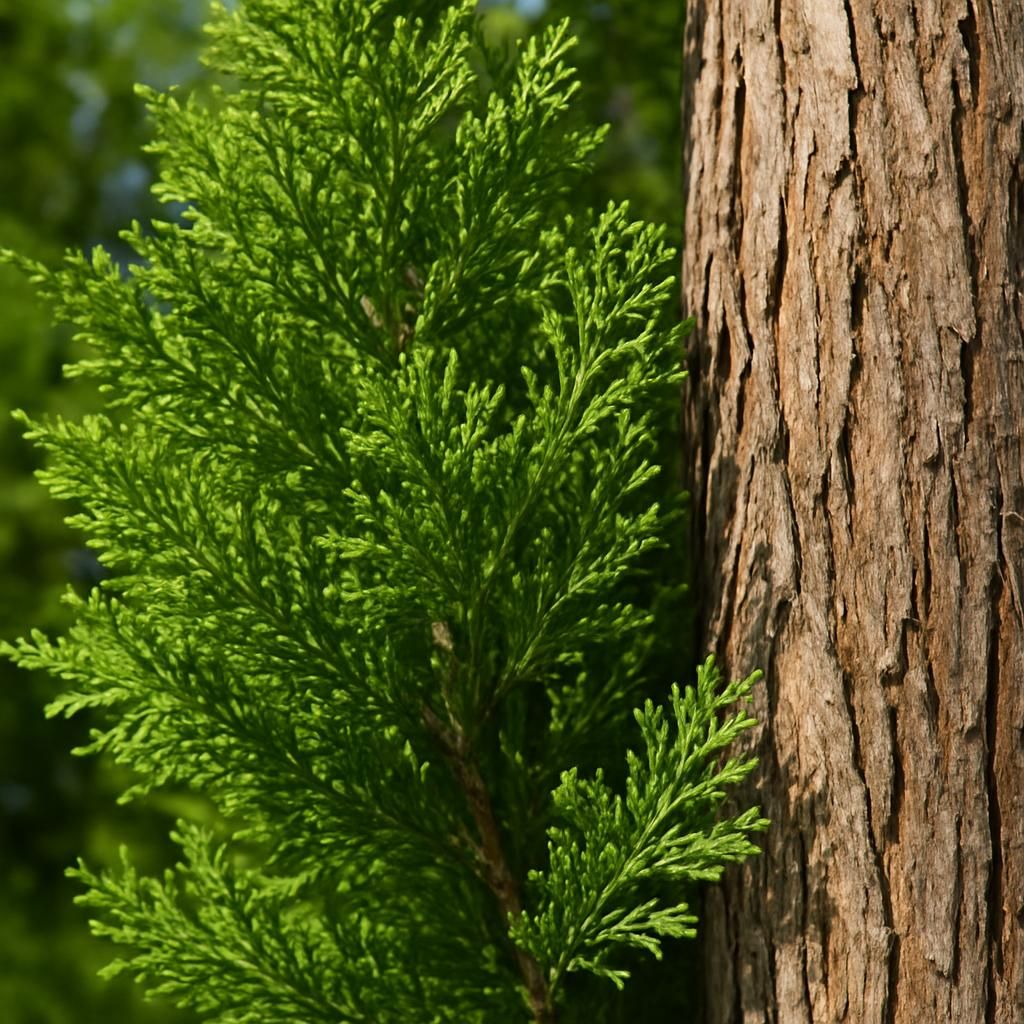 Close-up of dense green Leyland cypress foliage showing scale-like leaves and reddish-brown bark texture