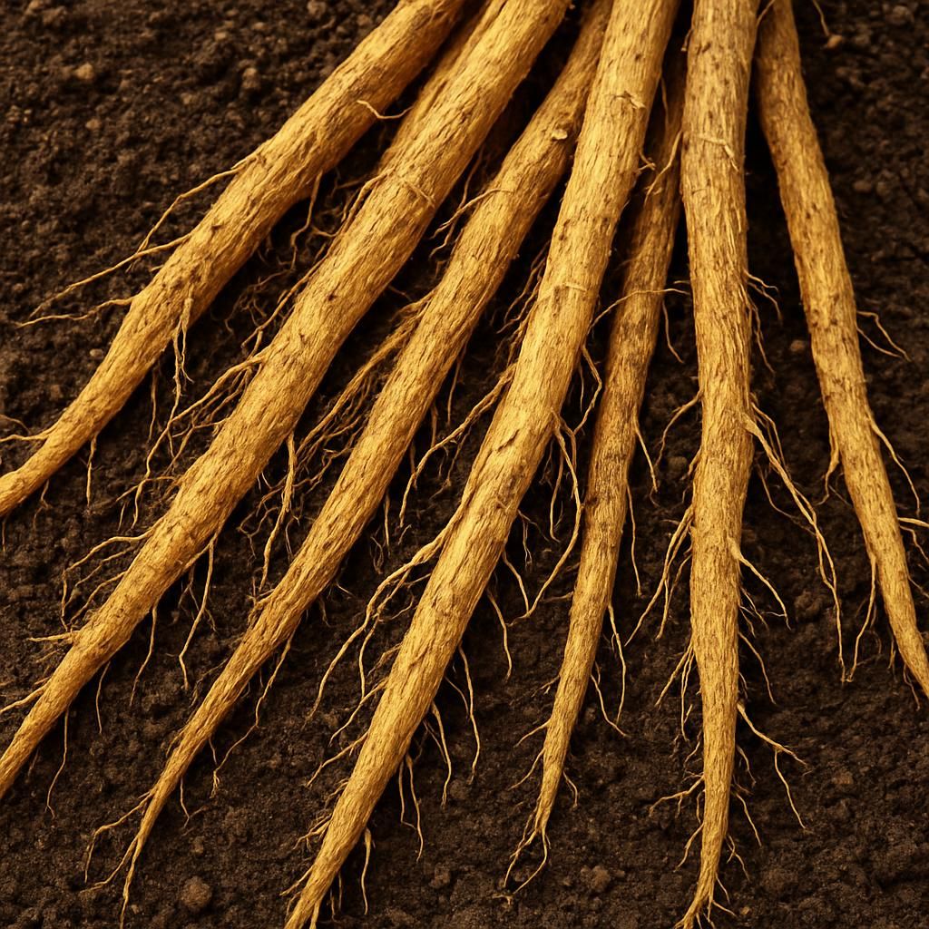 Freshly harvested licorice roots showing long yellow-brown rhizomes ready for curing