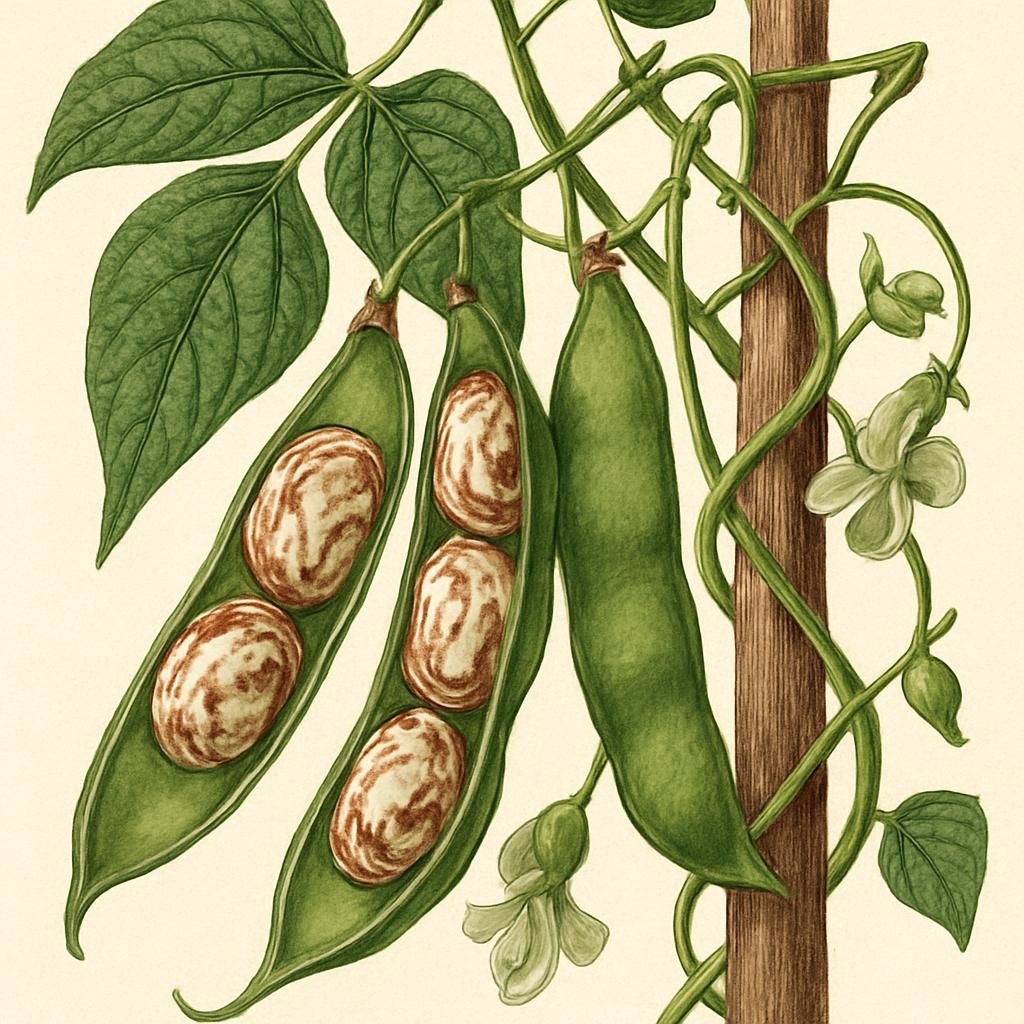 Close-up of Lima Bean (Christmas Pole) with large marbled seeds and climbing vines.