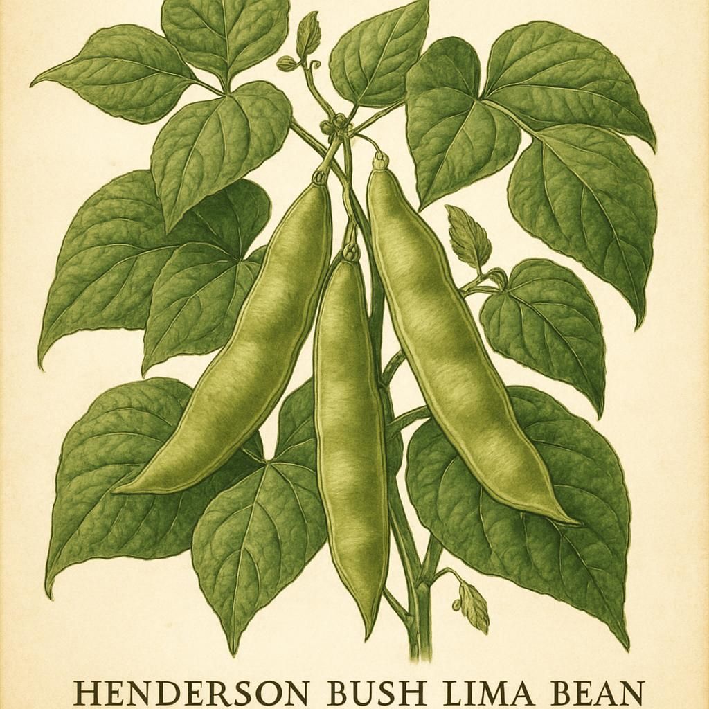 Close-up of a Lima Bean (Henderson Bush) plant showing its green pods and leaves.
