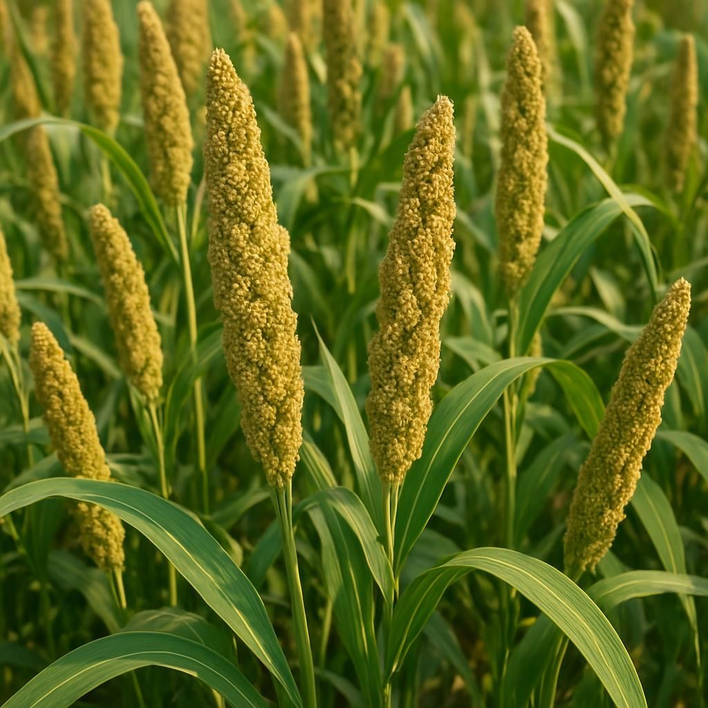 Close-up image of Little Millet grains in a field under sunlight, showcasing its golden hue.