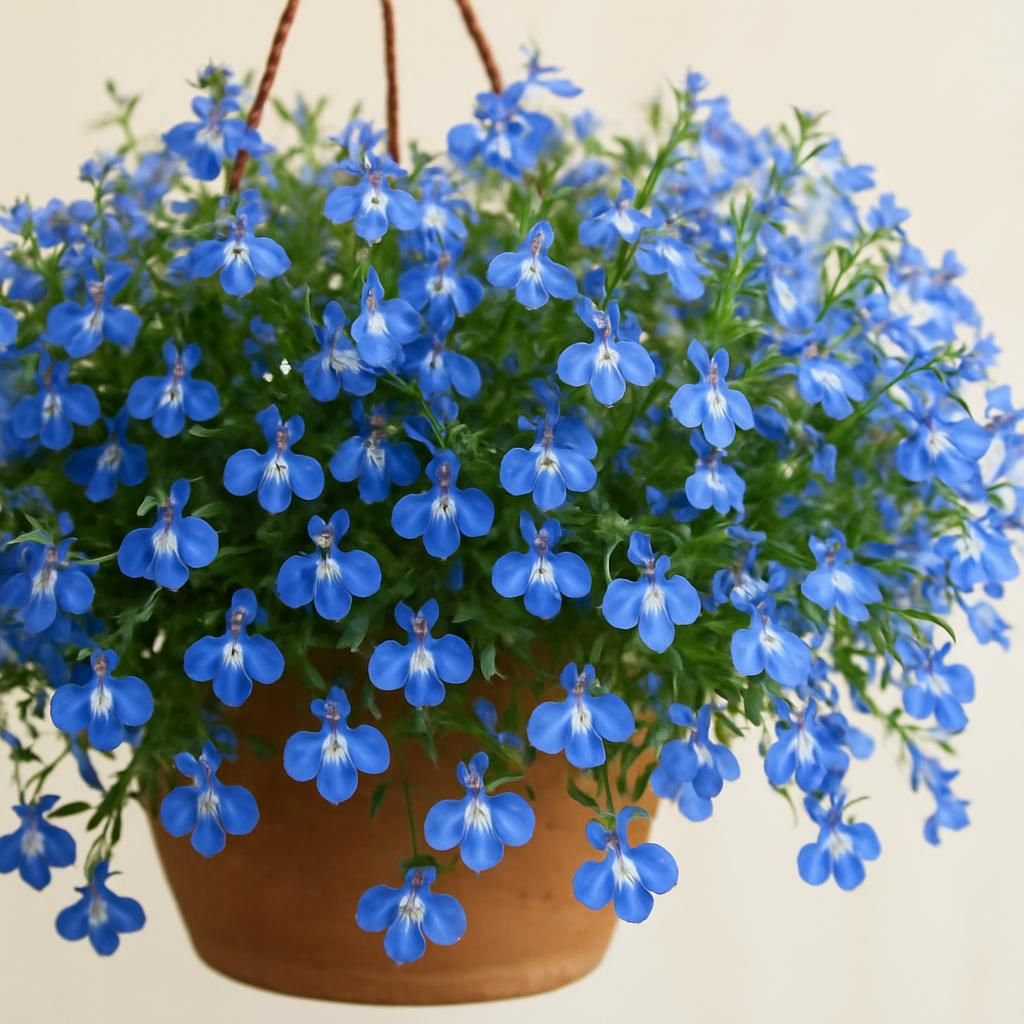 Vibrant blue trailing Lobelia erinus flowers in terracotta hanging basket under soft morning light
