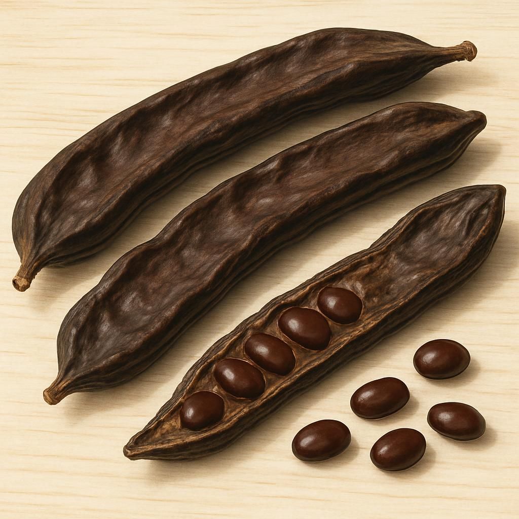 Close-up of ripe carob pods and locust bean gum seeds on rustic wood for commercial crop guide
