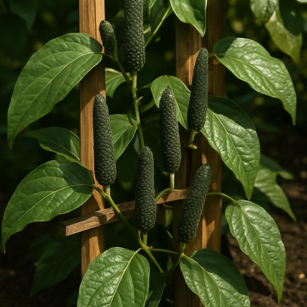 Close-up of Long Pepper vine showing elongated dark spikes on support structure in tropical garden setting