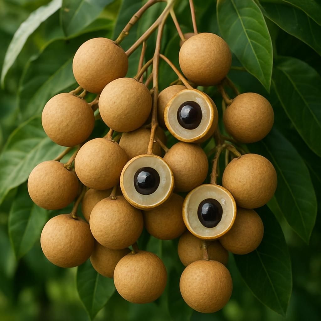 Close-up of ripe longan fruit clusters on tree showing translucent sweet aril and glossy seed