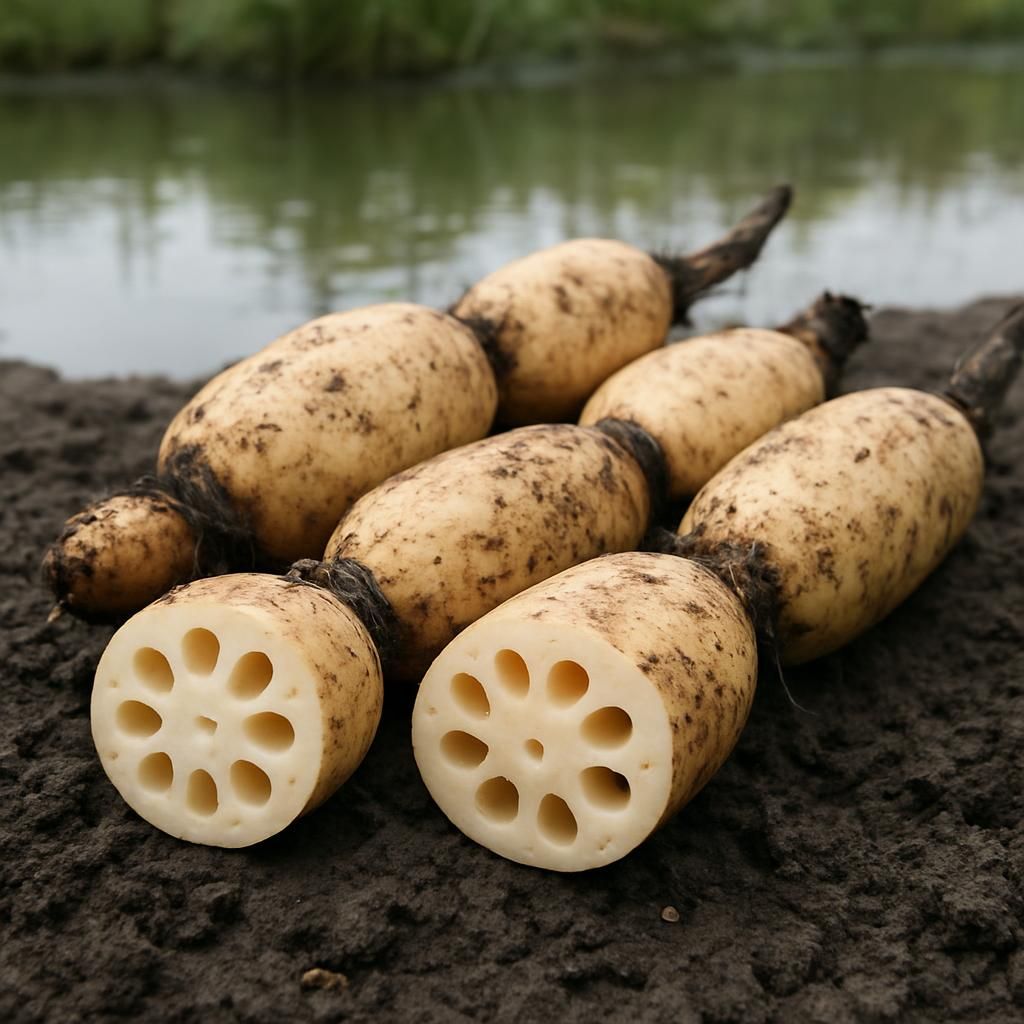 Freshly harvested lotus root rhizomes showing wheel-like air channels on wet clay soil